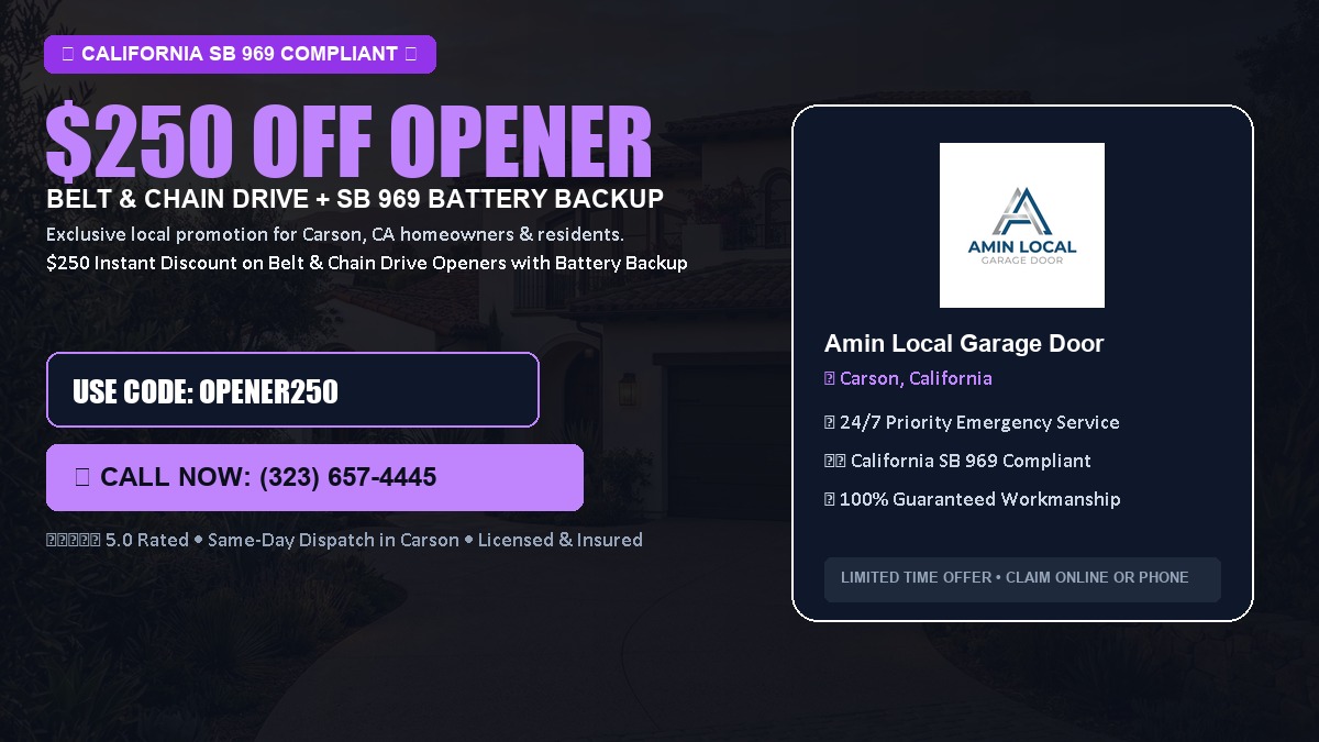 $250 OFF Smart Garage Door Opener Installation (Belt & Chain Drive with California SB 969 Battery Backup) in Carson, CA